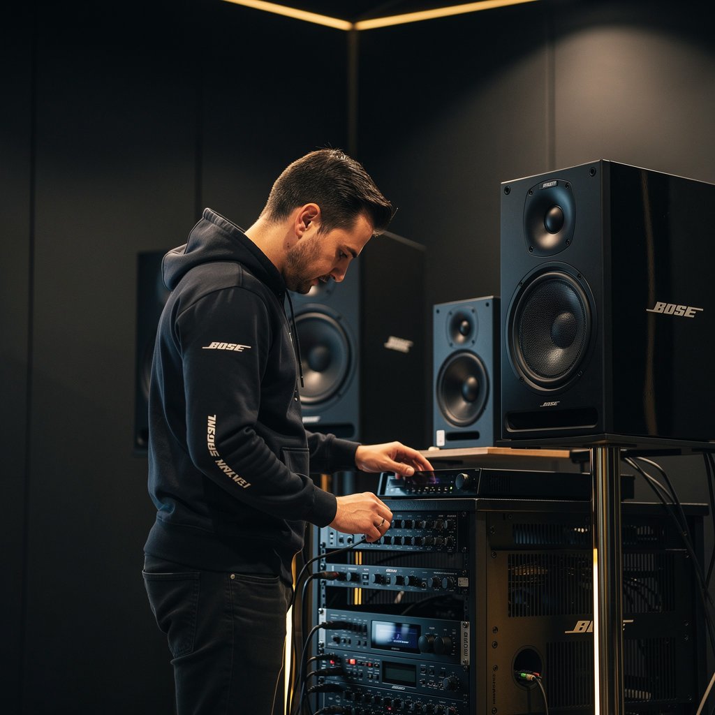 Professional sound engineer Patrick Pavel adjusting a high-end Bose speaker system in a dark, minimalist studio, luxury aesthetic, golden rim lighting, 4:5 aspect ratio