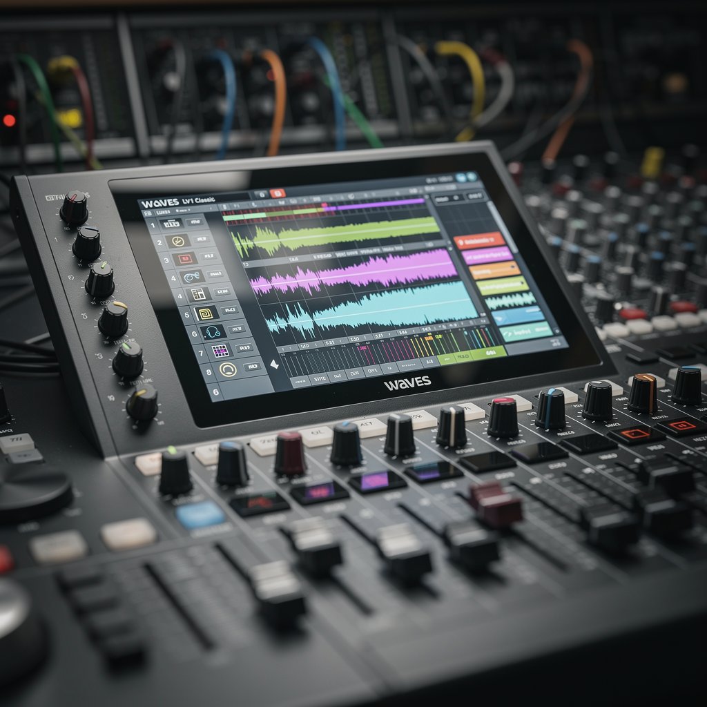 Close-up of a Waves LV1 Classic digital mixing console, touchscreen interface with colorful waveforms, professional audio knobs, studio lighting, 4:3 aspect ratio