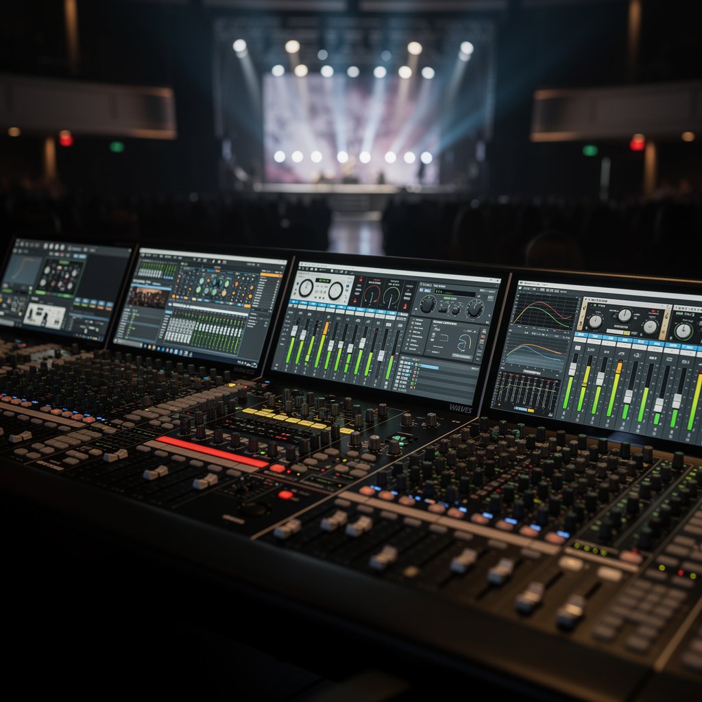 Professional Waves LV1 Classic mixing console in a dark concert venue, glowing screens, faders, cinematic lighting, 16:9 aspect ratio